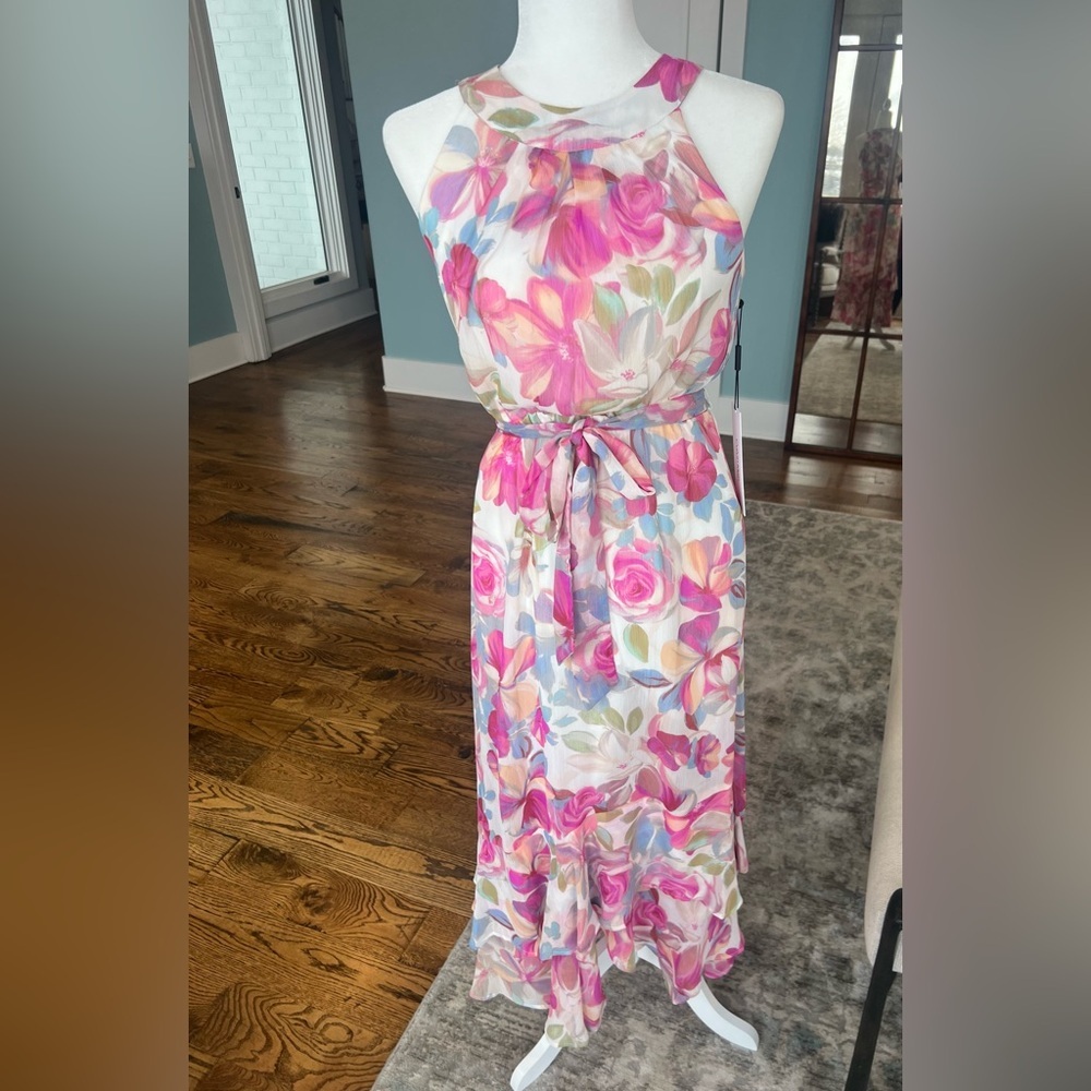 Calvin Klein Size 2 Floral Halter Neck Chiffon Tie Belt Tiered Maxi Dress
